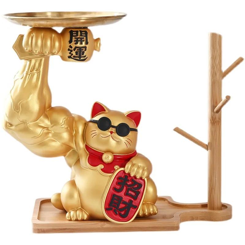 Golden Cat Figurines Muscle Arm Lucky Cat sculpture Ornaments Resin Storage Tray Storage cup holder key holder  Decoration