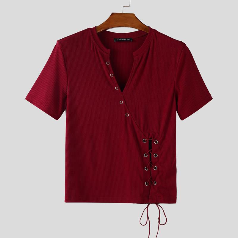 INCERUN Men V Neck Short Sleeve Bandage Rib Casual Fitted Short T-shirts Tops