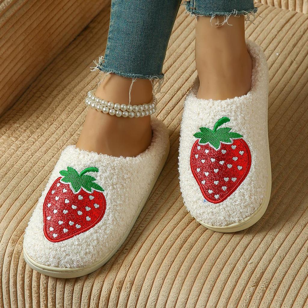 Comfy Strawberry Winter Cotton Slippers for Couples - Non-Slip, Thick Sole