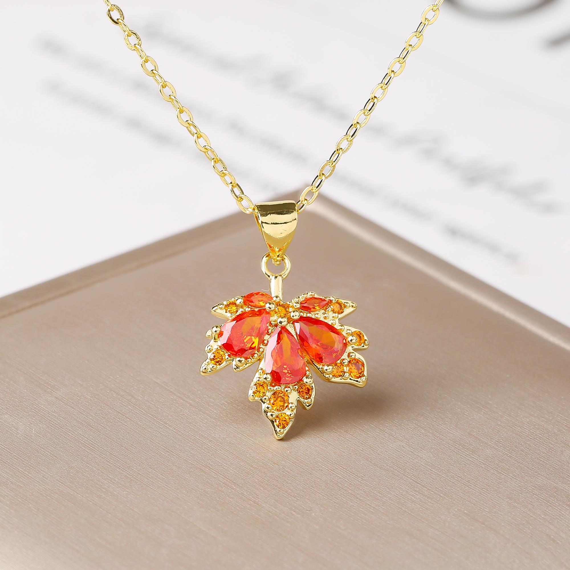 

New Arrival Gold Plated Maple Leaf Necklace Colorful Zircon Delicate Leaf Pendant Necklace for Women Party Daily Zircon Gift