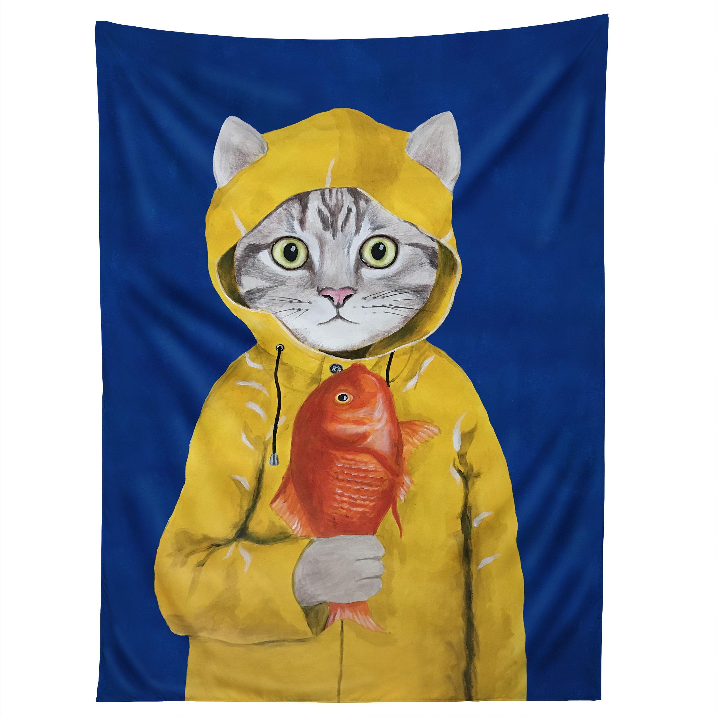 CAT WITH FISH tapestry 75x100