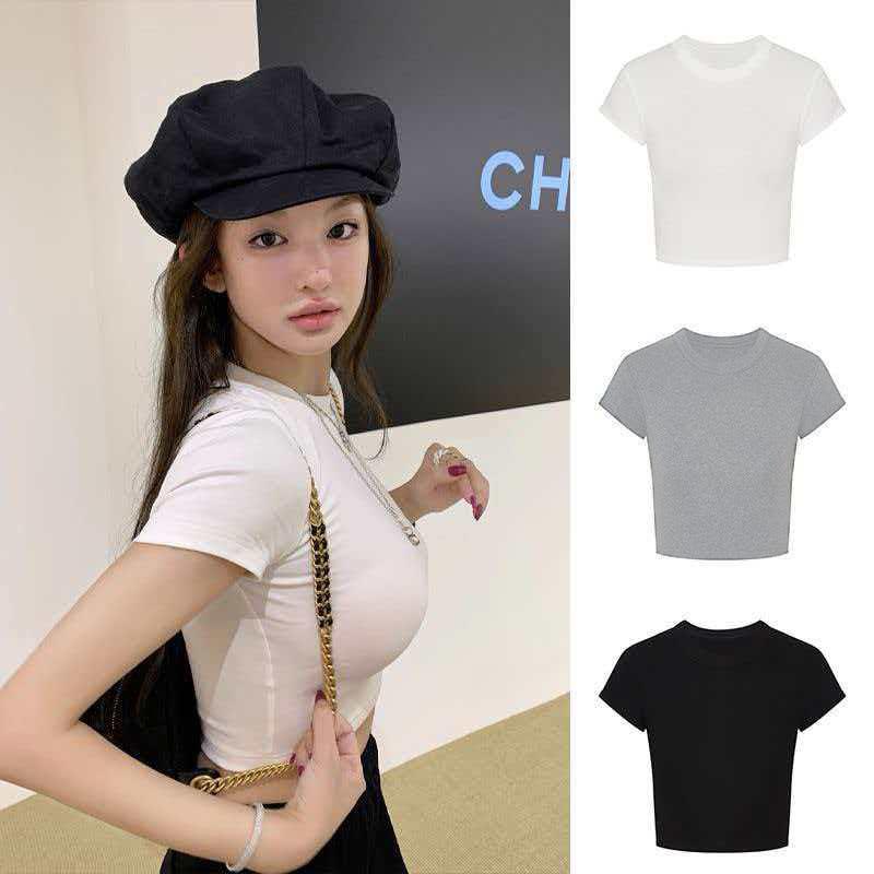 Sweet and Spicy Style Open Navel Short-sleeved T-shirt Women's Summer New American Front Shoulder Short Spice Girl White Bottom Top