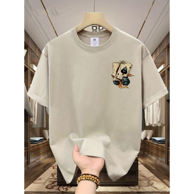 Men's summer 100% pure cotton fashionable casual loose creative poker and dice printed sports round neck short sleeved T-shirt