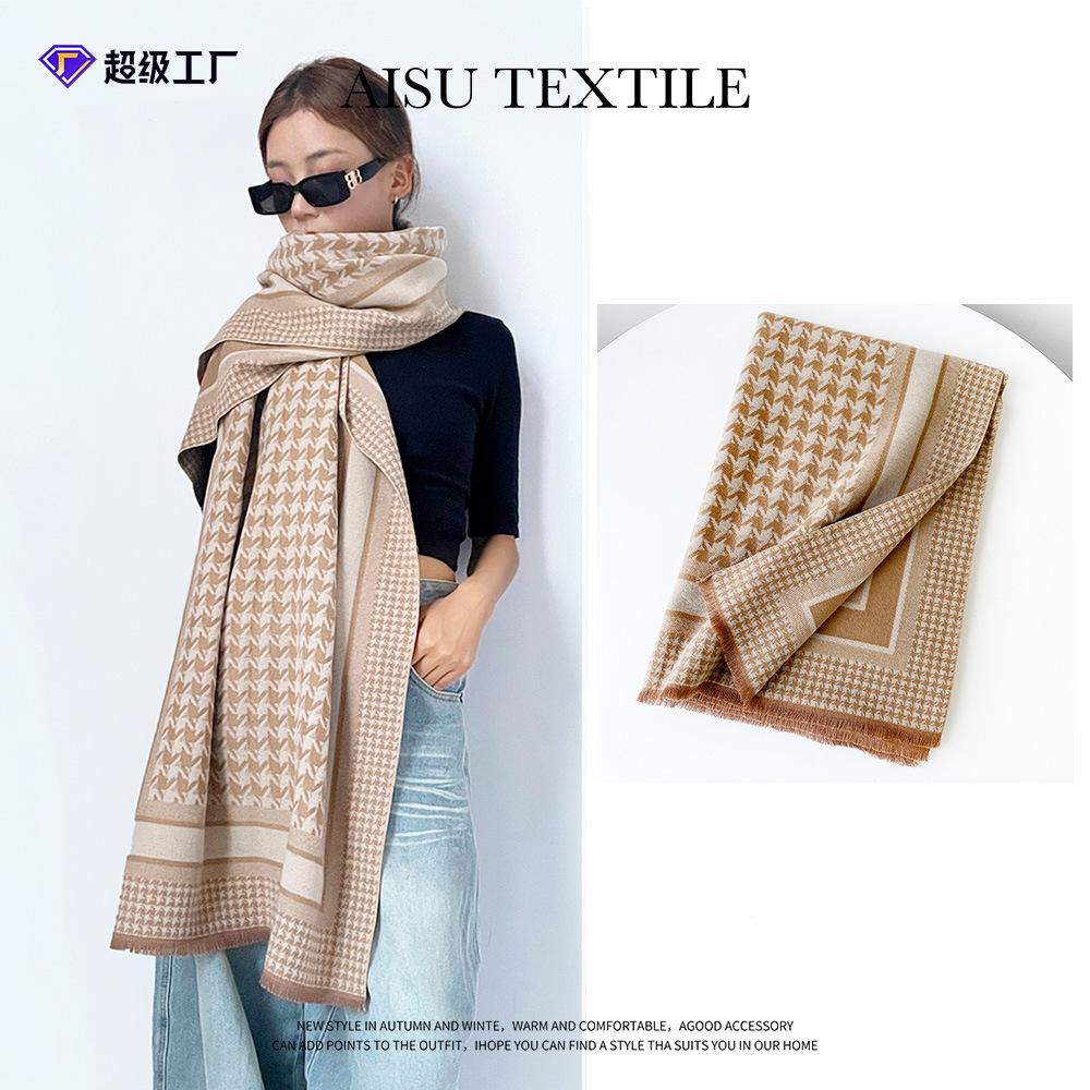 Autumn and winter warm scarf women's imitation cashmere double-sided thousand bird grid temperament versatile scarf long enlarged shawl