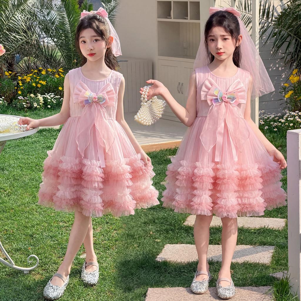 Sweet mesh dress for girls summer dress 2026 new style children's western-style princess dress little girl fluffy dress