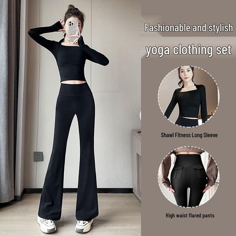 

Women s 2024 Long Sleeve Yoga Set with Flared Pants Large