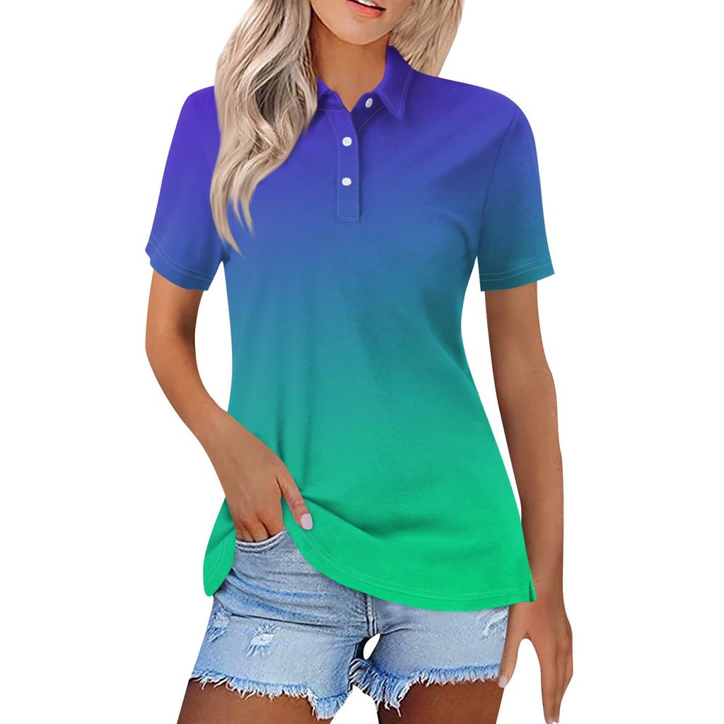 Women's Fashion Casual Lapel Short Sleeve Gradient Print Shirt Women's Button Up Tops