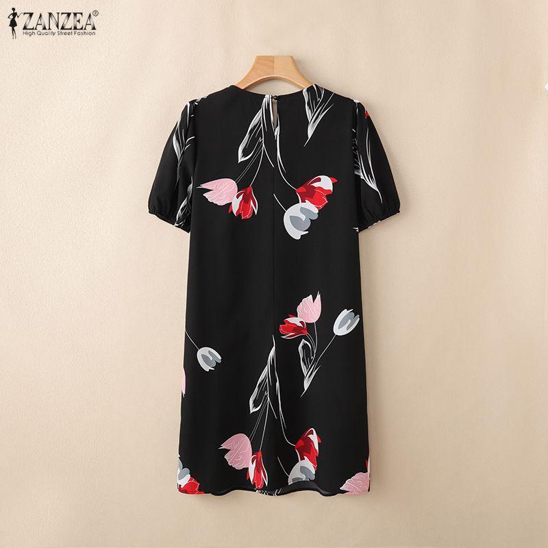 ZANZEA Women Casual Round Neck Short Sleeve Summer Print Dress