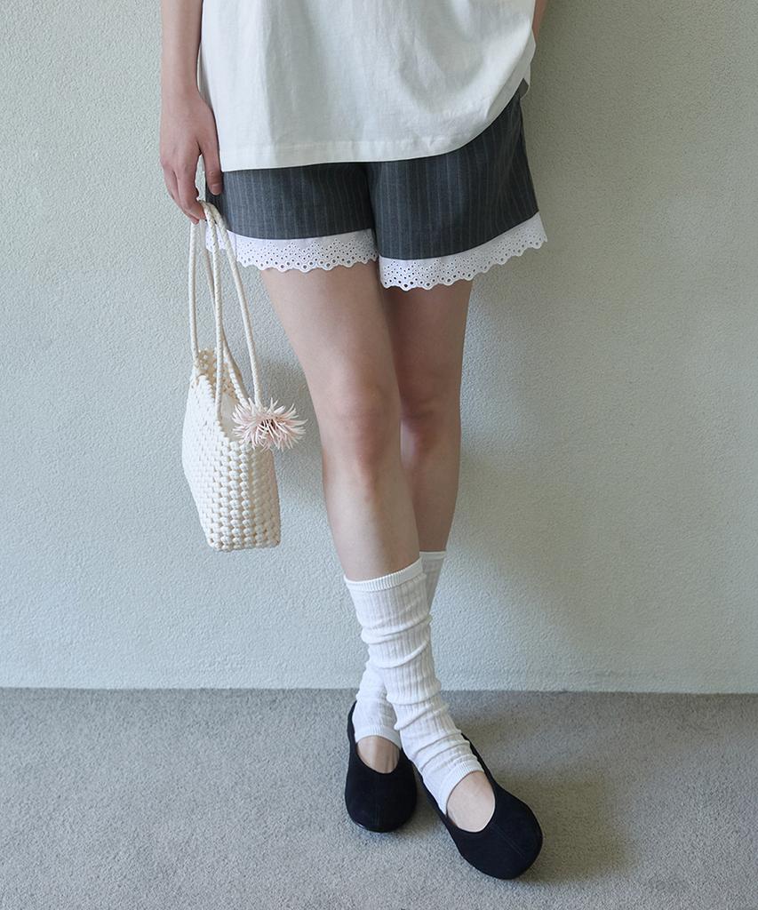 LOVLOV Pinstripe Lace Trim Shorts_Grey Stripe
