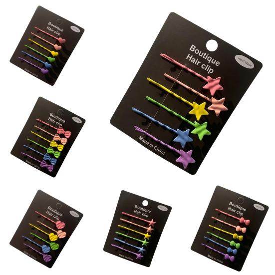 6Pcs Girl Hairpins Baking Paint Process No Peeling Stable Grip Metal Clip Base Hair Pins Star Heart Bowknot Decor Candy Color Hair Clips