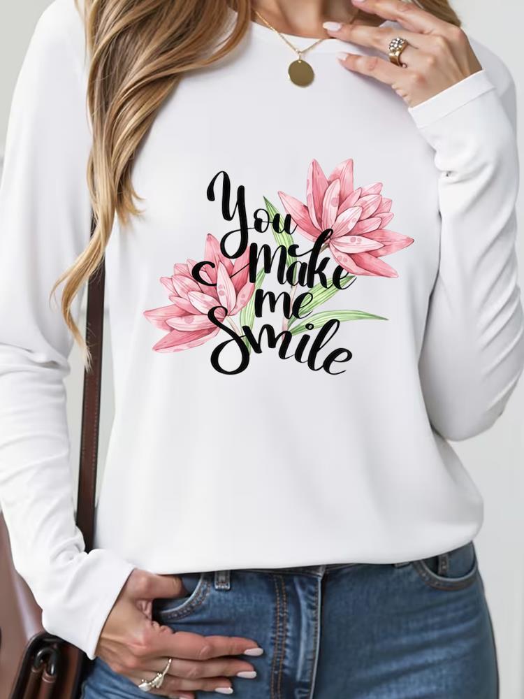 (Asian Size) letter trend cute 90s Casual Fashion Print T Shirt Tee Women Clothing autumn winter spring Top o-neck Graphic Long Sleeve T-shirts