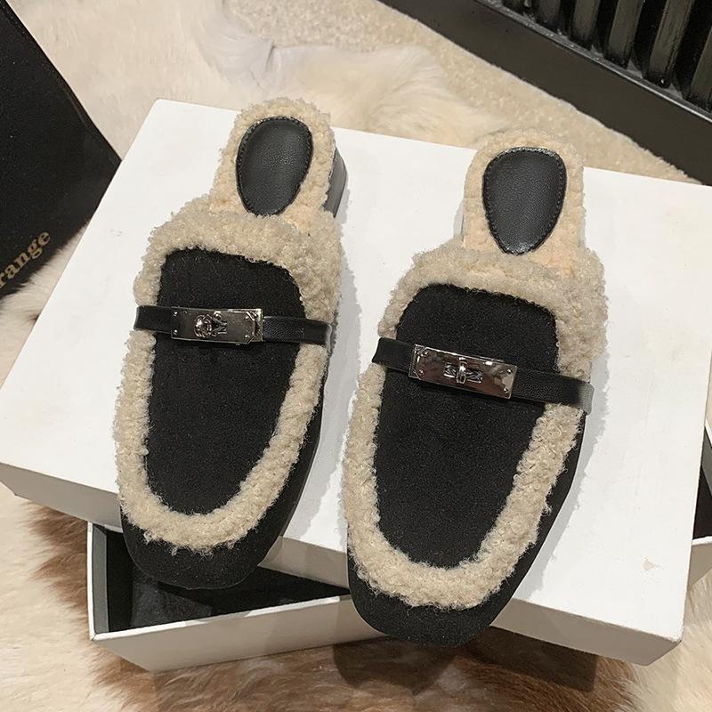 Mao Mao Slippers Women Wear Small Fragrant Wind Flat Bottom Autumn and Winter New Cotton Slippers Lazy Muller Half Tray Bag Head Half Drag