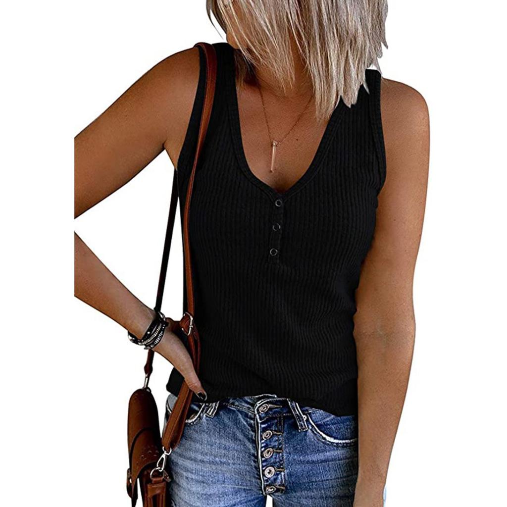 Summer New Solid Color V-neck Button Front Knit Tank Top, Women's Sleeveless Casual Top for European American