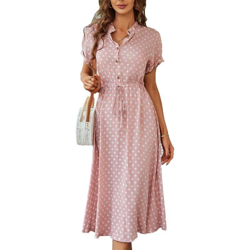 Women's Polka Dot Dress Summer Hundred with Shirt Collar Swing Dress