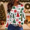 Women's Christmas Print Long Sleeve Top with Round Neck and Side Slit