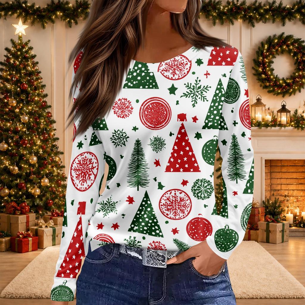 Women's Christmas Print Long Sleeve Top with Round Neck and Side Slit