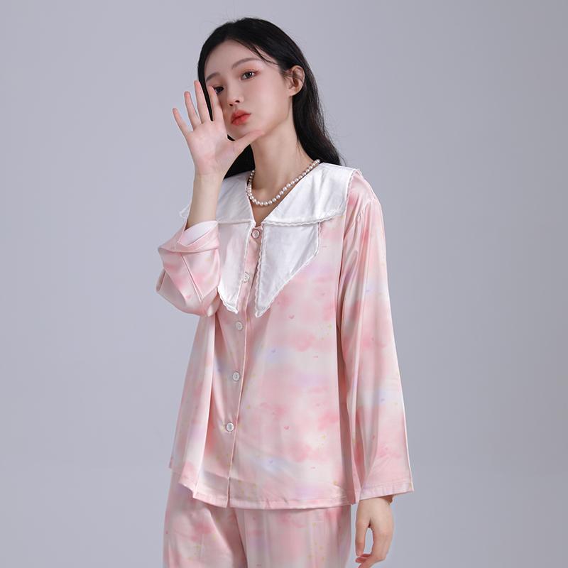 Ice Silk Spring and Summer Pajamas Women's Spring Autumn Thin High-end Real Silk Princess Home Clothes Suit Outer Wear