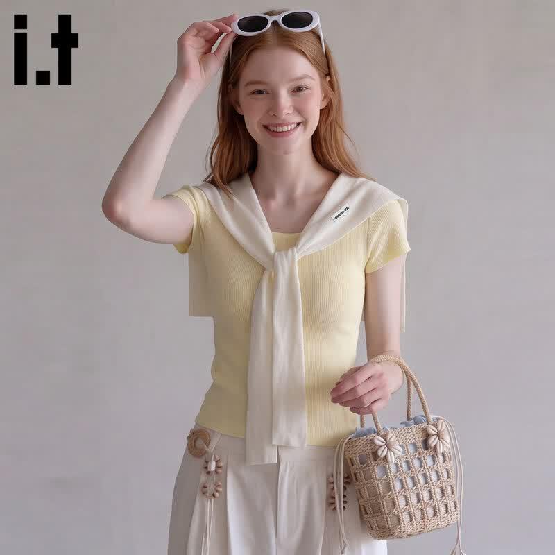 CHOCOOLATEit Women s Faux Two-Piece Knit V-Neck Short Sleeve T-Shirt L абрикосовый
