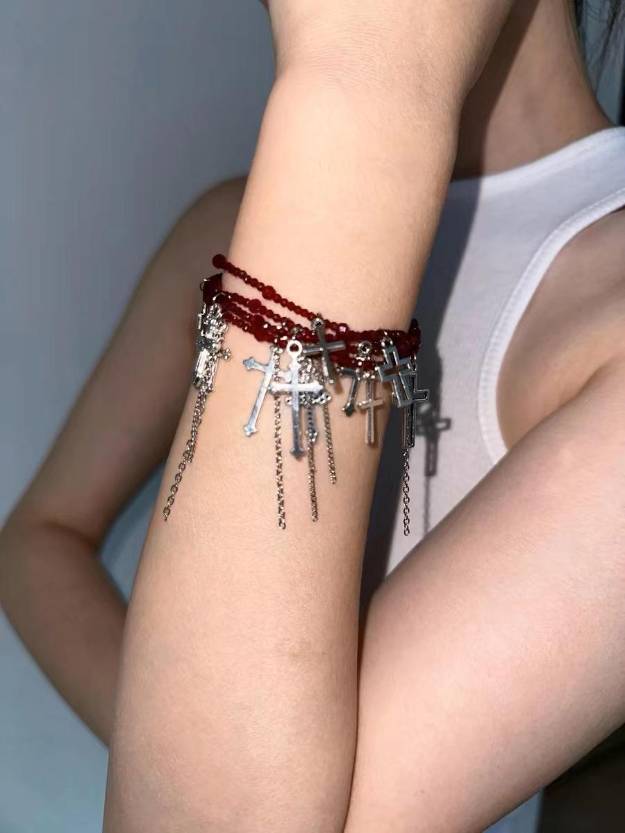 

Hip Hop Sliver Color Cross Tassel Multi-layer Black Glass Crystal Bead Necklace for Women Men Halloween Collar Chain Y2k Jewelry
