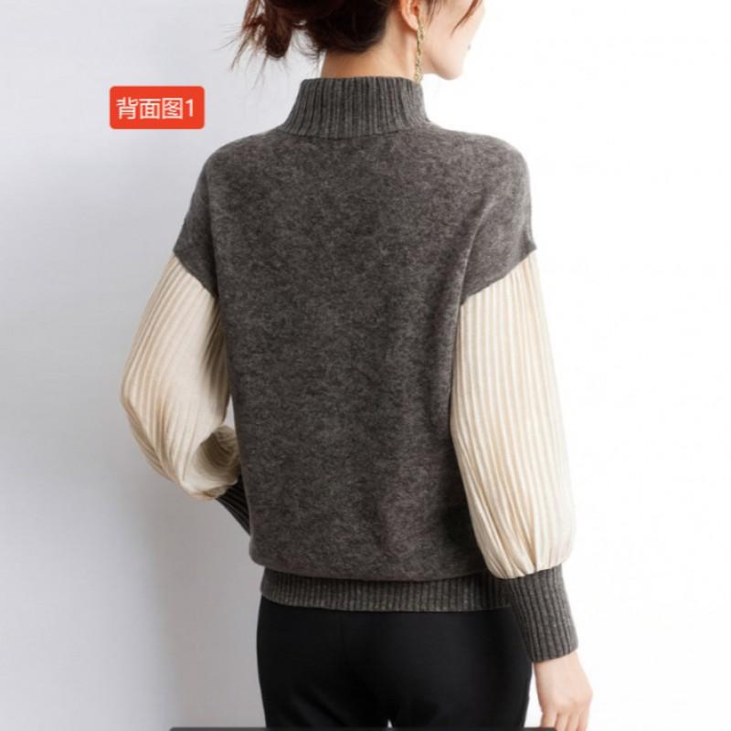 Japanese Casual 2026 Fall Winter Stand Collar Knit Top Contrast Color Pleated Sleeve Sweater