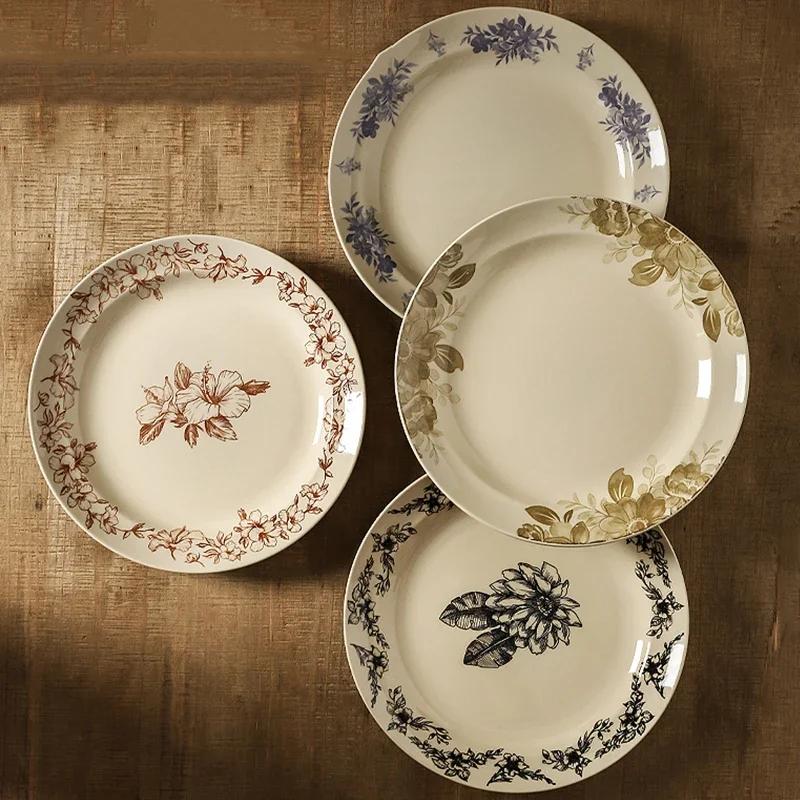 Retro French Style Ceramic Plates Luxury Restaurant Round Fruit Dessert Plate Breakfast Salad Sandwich Plate Household Tableware