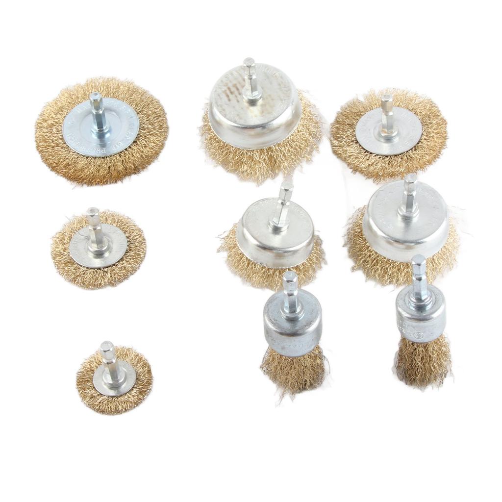 9Pcs Drill Wire Brush Wheel End Cup 14in Hex Shank Accessory Set Kit for Wood Metal