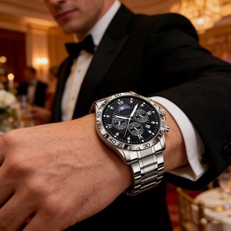 Men's Quartz Watch with Subdials Analog Wristwatch with Date-Display Waterproof Luminous Chronograph Dress Watches Stainless Steel Band