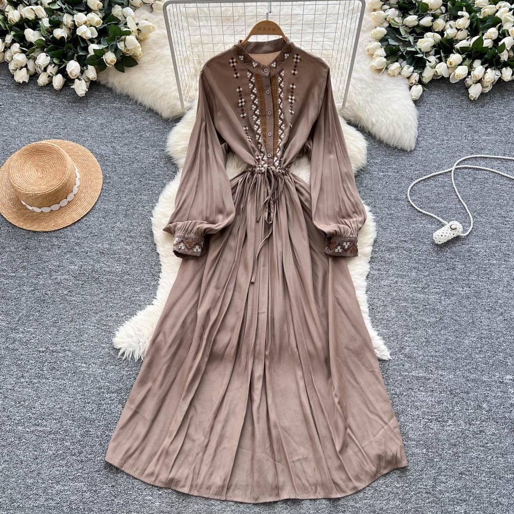 

Платье в ретро этническом стиле с тяжелой вышивкой для женщин, модное, с кисточками на талии, приталенное, богемное, драпированное, с большим подолом, пляжное, длинное One Size хаки