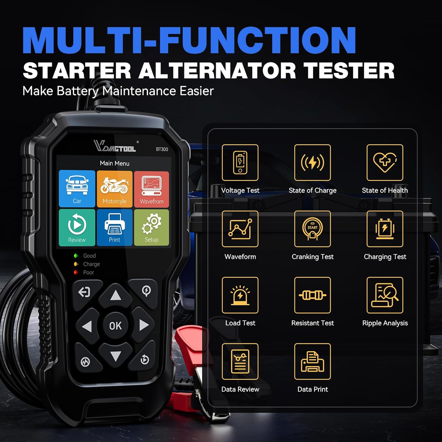 VDIAGTOOL BT300 Car Battery Tester 6V 12V, 5-3000 CCA Load Tester Starter Alternator Tester Automotive Charging Cranking System Tester for Motorcycle