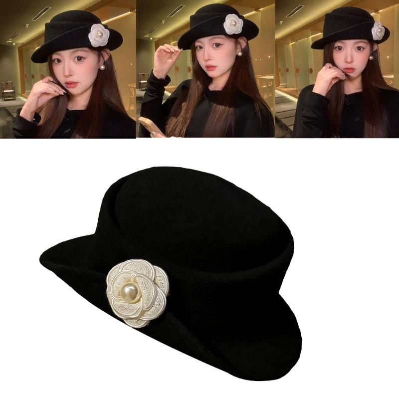 Stylish Fisherman Hat with Camellia Flower Accent Fashion Winter Accessory for Elegant Style Soft Cotton Fabric Hat