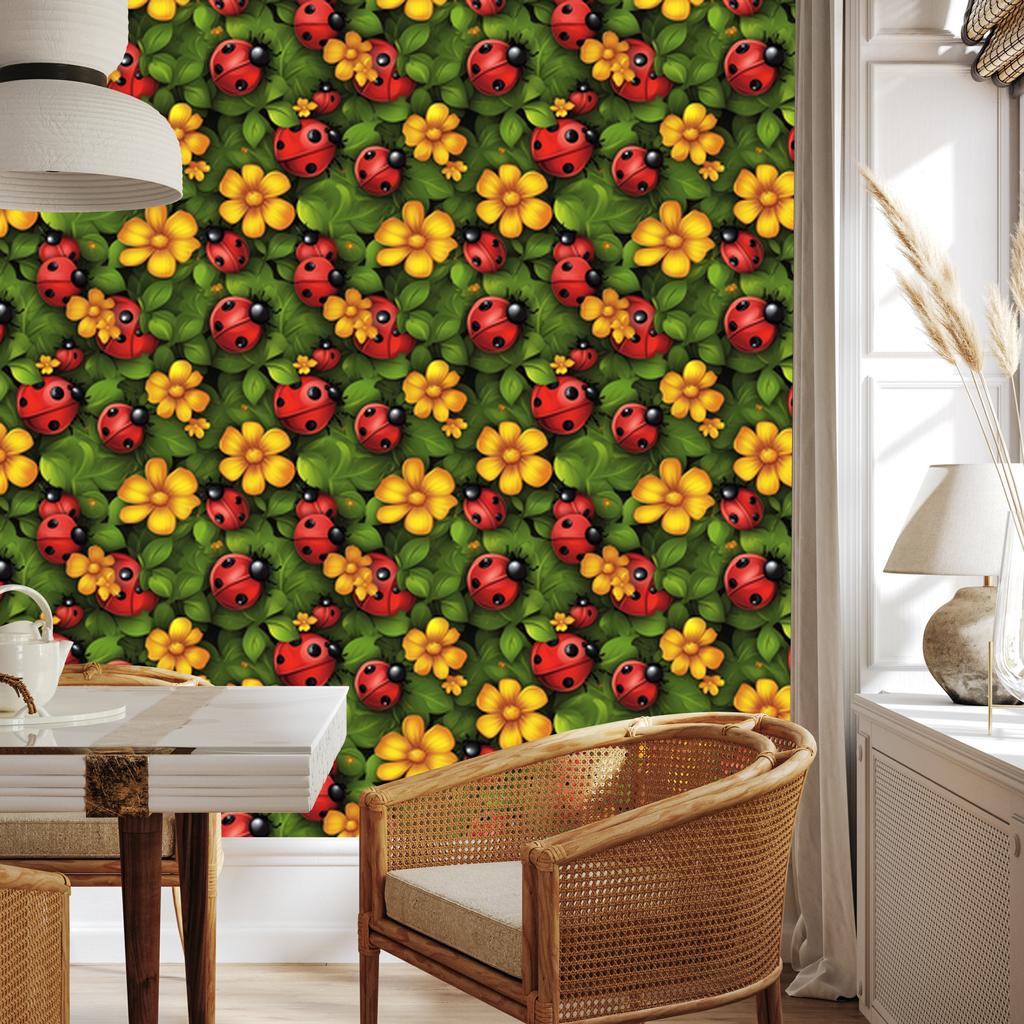 Ladybugs Wallpaper Olive and Red for Living Room and Bedroom 50x1000