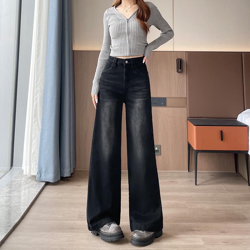 

Women s Plus Black Gold Blue Velvet Wide-Leg Bell Bottom Jeans: Slimming, Non-Stick, Floor-Length, Autumn/Winter Style Black Gray Extra Long