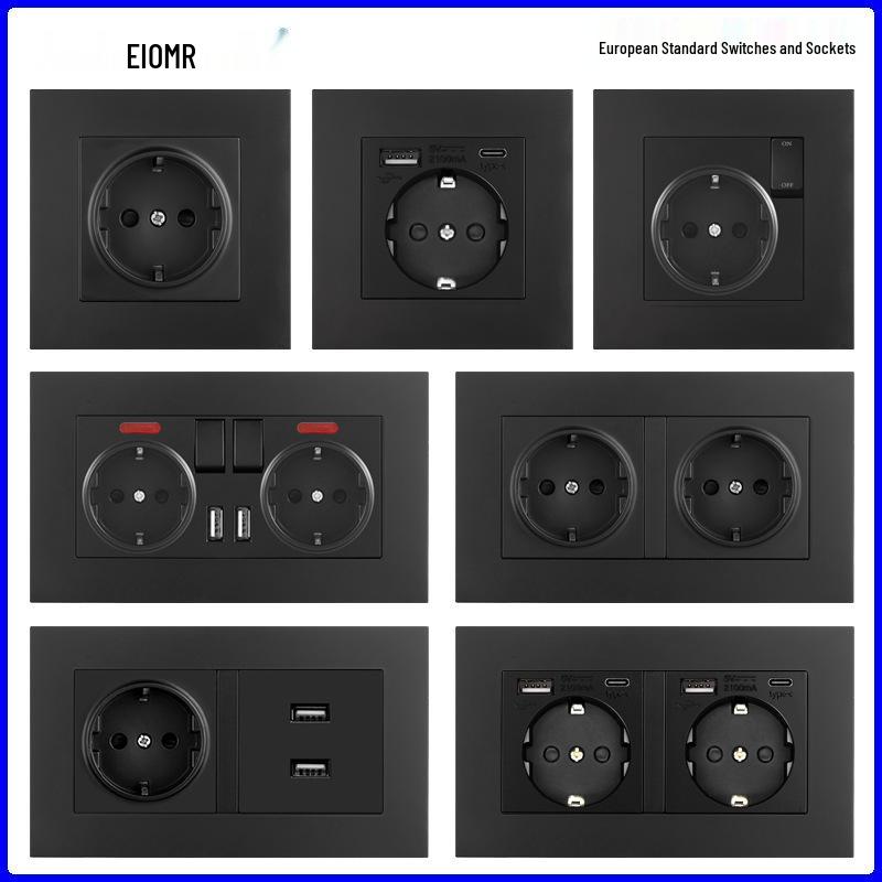Black 16A German Standard Socket Panel with Double USB + Type C, Concealed European Installation