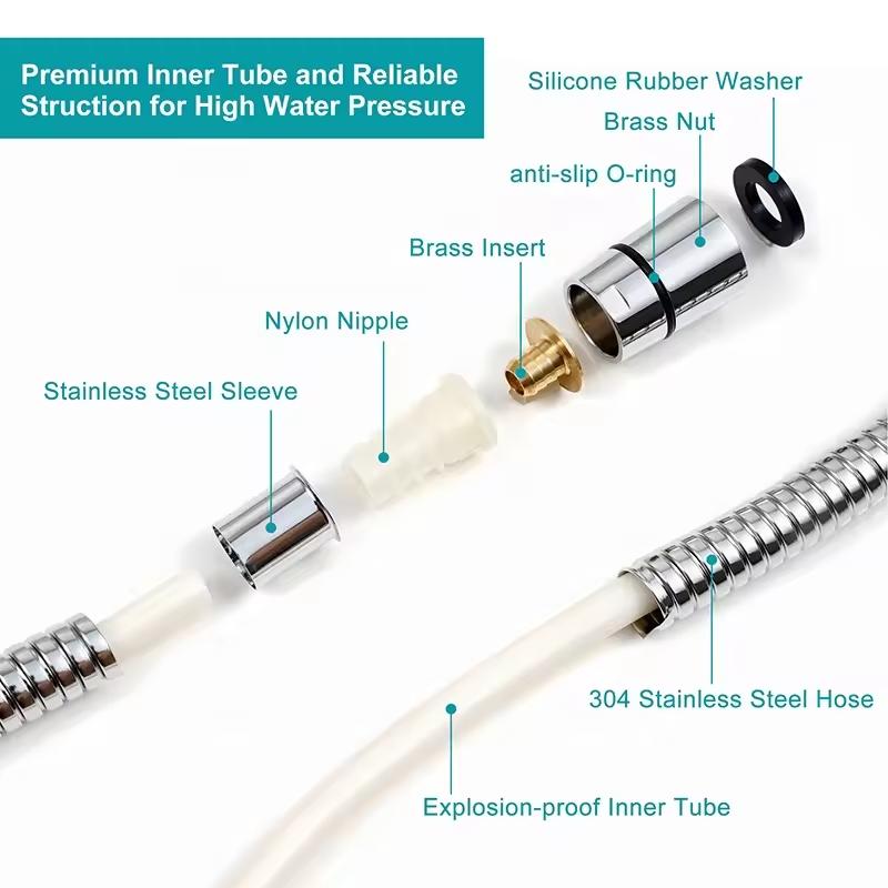 2m Flexible Chrome Stainless Steel Bathroom Hose with G1/2 Universal Brass Connector for Handheld Shower Head