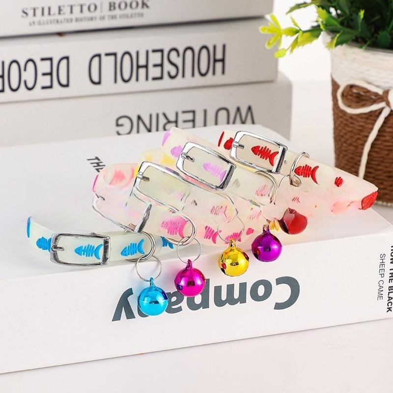 Glow In The Dark Fish Bone Silicone Cat Collar With Bell Adjustable Soft Night Safety Collar For Kitten Small Cats