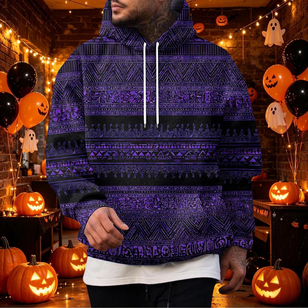 Men's Vintage Hoodie with Print and Patchwork Design, Single Pocket Casual Top