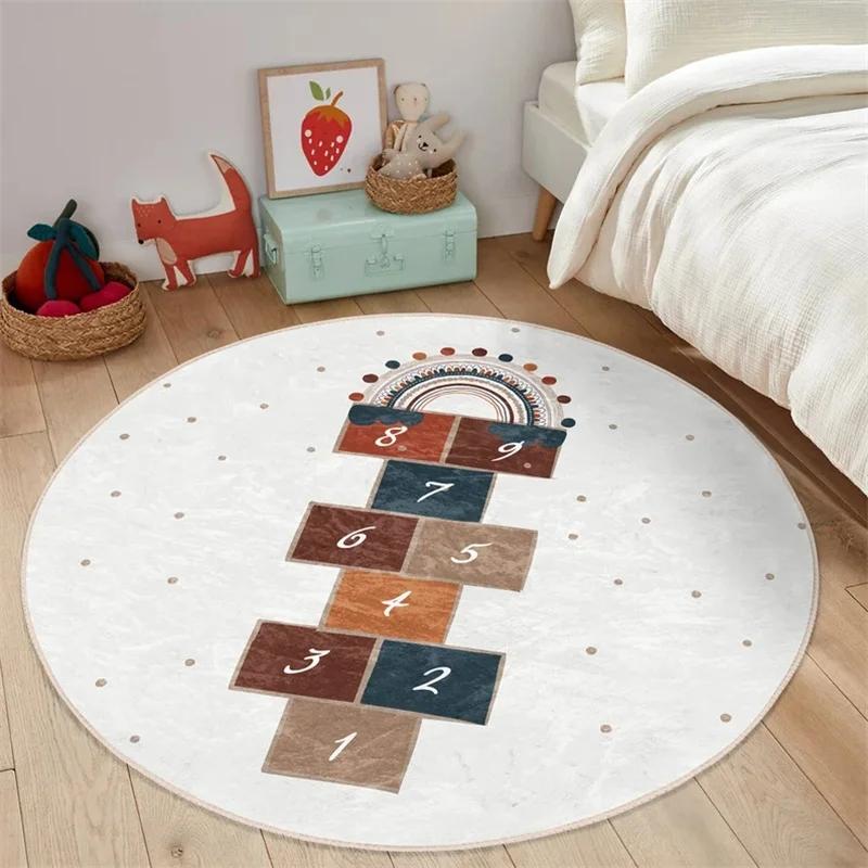 Boy Round Rug Hopscotch Floor Carpet Animals Non Slip Circle Rugs Anti Slip Mat Playground Area Rugs Beige Rug for Kid's Room