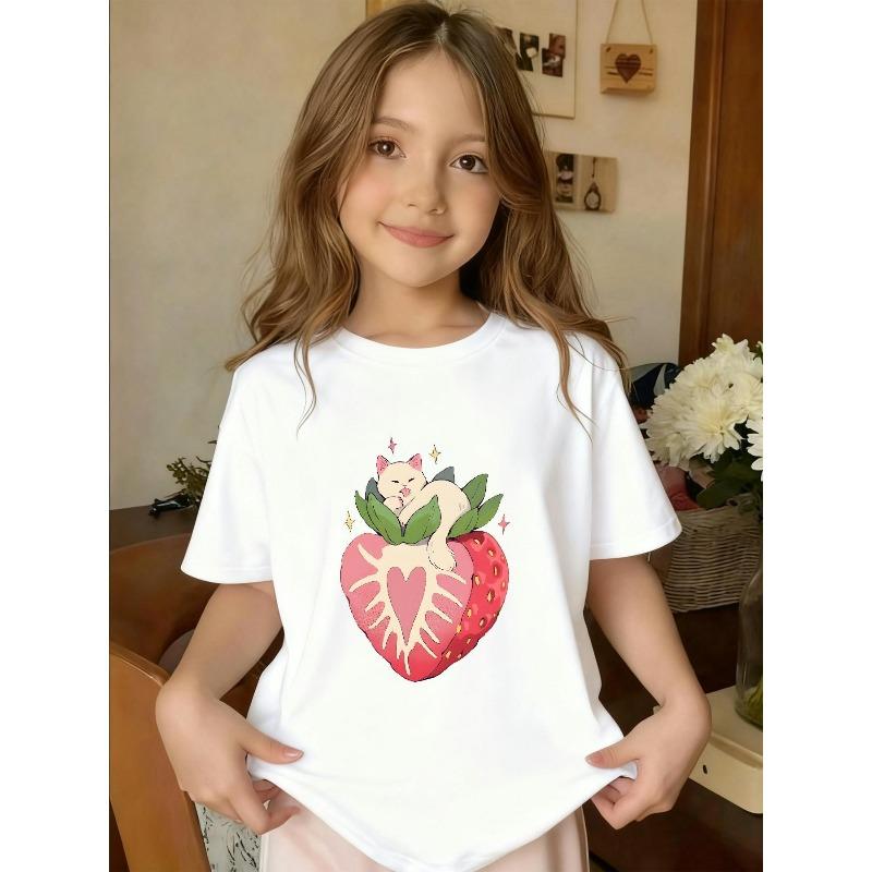 European sizes Girls  Strawberry & Cat Print Short-Sleeve T-Shirt - Cute Strawberry & Kitten Crew Neck Top, Medium Stretch Blouse Basic Tee 98cm белый