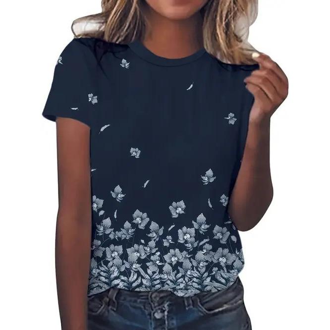 Summer Round Neck 3D Flower Butterfly Pattern Print Top Fashionable Casual Retro Short Sleeved Women's T-shirts