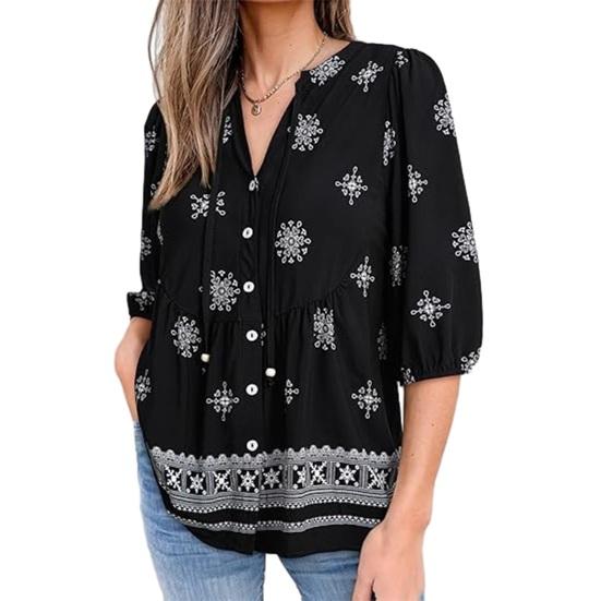 Yousheng Women Shirt Loose Fit V Neck Printed Button Placket Shirt Tops Half Sleeve Breathable Summer Casual S чёрный