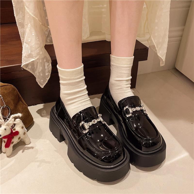Platform Loafers Women's Small 2024 Thick Heels High Heels One Pedal Rhinestone Small Leather Shoes Black Glossy Single Shoes