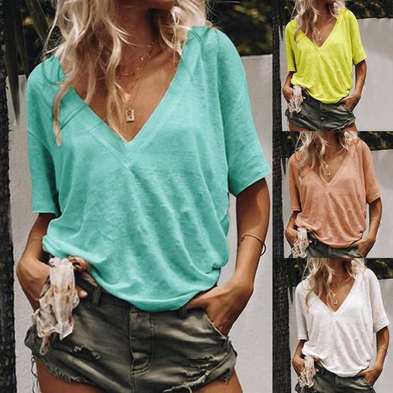 Summer Women Plus Size Solid Color V Neck Short Sleeve T-Shirt Loose Basic Top