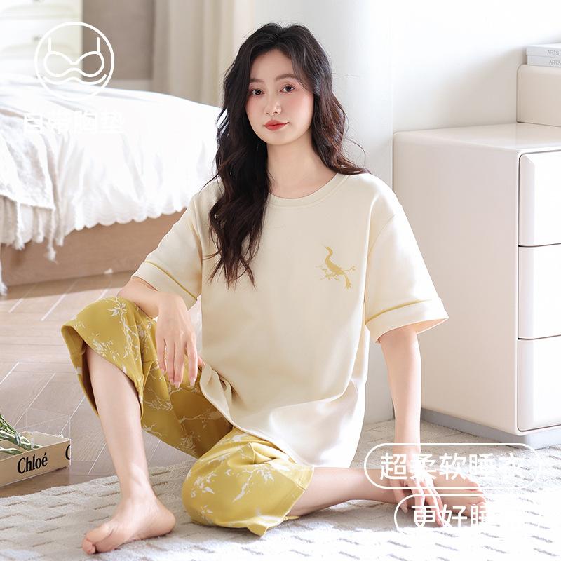 Bring Your Own Chest Pads, Pajamas, Women's Summer Pure Cotton Short-sleeved Cropped Pants, Cotton-free Bras, and Loungewear Sets That Can Be Worn
