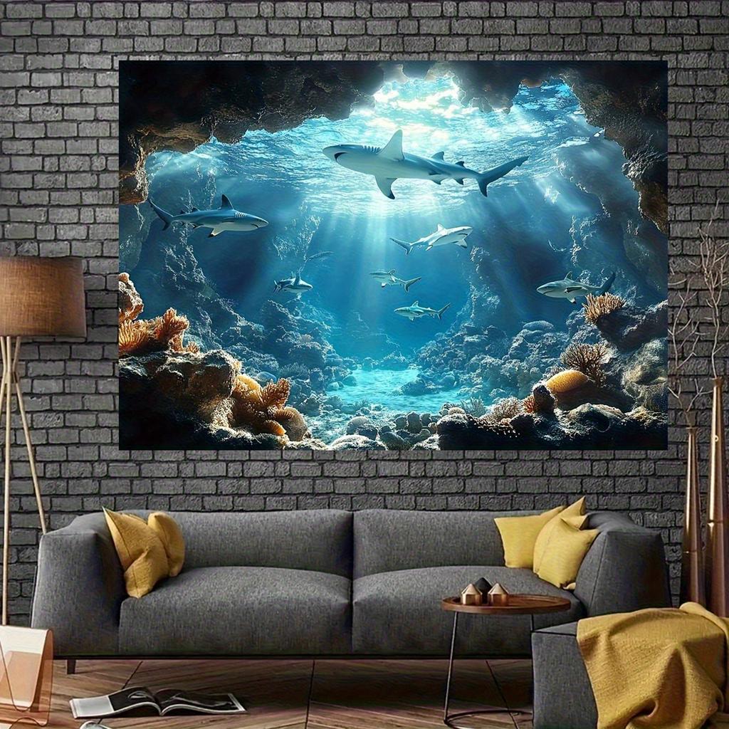 Arazzo in Poliestere Vita Marina Sottomarina Squalo Oceanico Pesce Corallo Decorazione Murale per Compleanni Feste di Addio al Celibato Versatile Non Elettrico