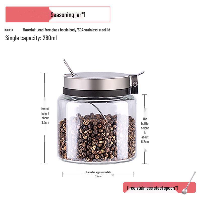 Stainless Steel Glass Kitchen Seasoning Jars Set with Spring Lid & Spoon