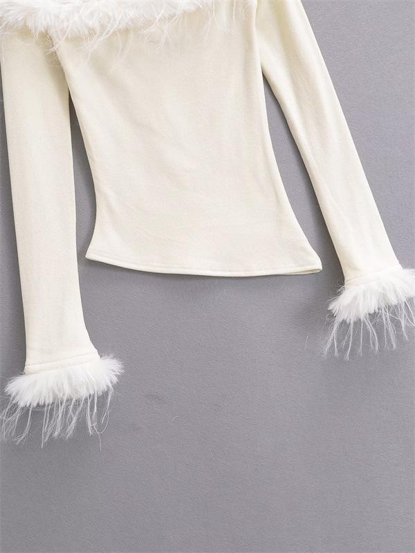 Chic Retro Off-Shoulder Fur Splice Long-Sleeve Top for Women