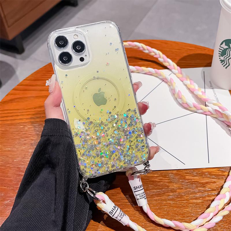 Husă din silicon cu gradient cu protecție magnetică la cădere pentru iPhone 14 Pro Max/13/12/11/8P, Include lanț oblic pentru agățat