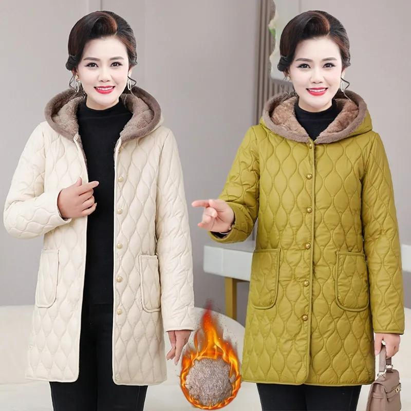 Mother's Mid-length Padded Jacket Winter Western Style Plus Velvet Thick Hooded Padded Jacket Fashion Middle-aged Jacket Padded Jacket