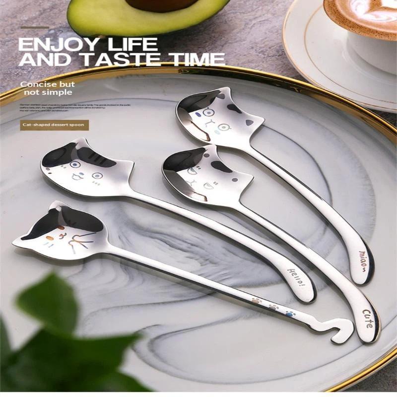 Stainless Steel Cute Cat Spoon Food Grade Cartoon Design For Stirring Coffee Tea Dessert Daily Use