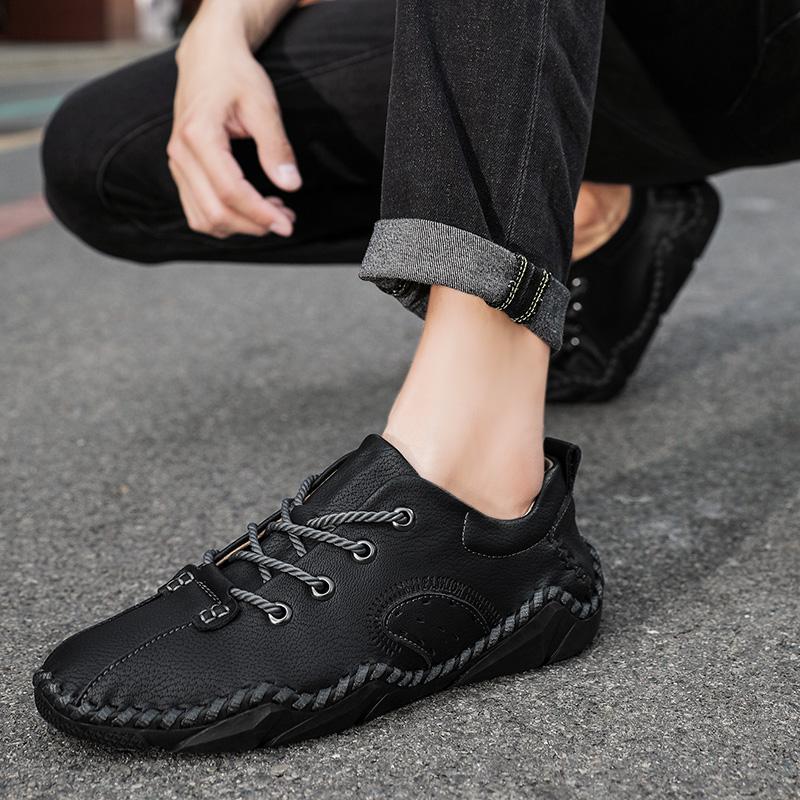Men Brown Moccasins Hiking Shoes Handmade Black Flats Driving Shoes Casual Wide Head Shoes Plus Size